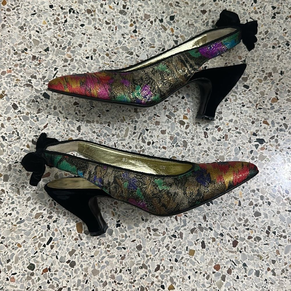 Escada vintage velvet bow back slingback heels pink purple multi 7.5 AA